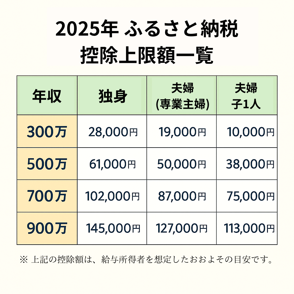 2025年 ふるさと納税 控除上限額一覧